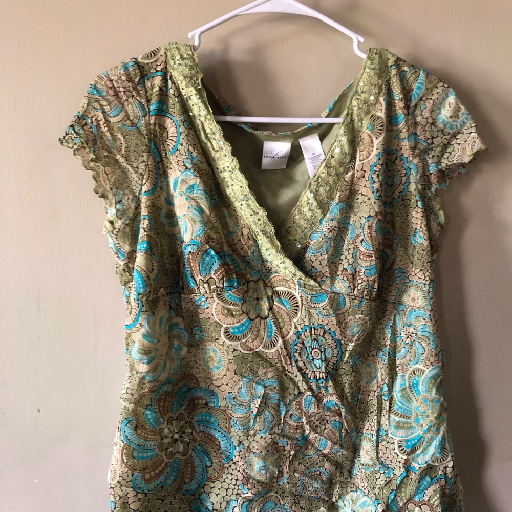Floral Lace Trim Blouse - Green and Blue